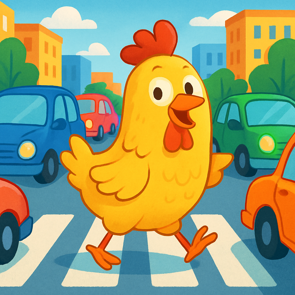 A cheerful chicken crossing a street with cars