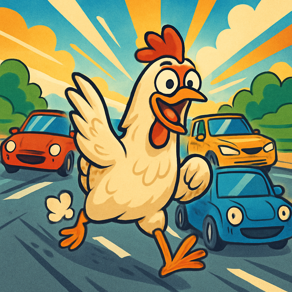 Animation of a chicken racing on the street, trying to overtake cars